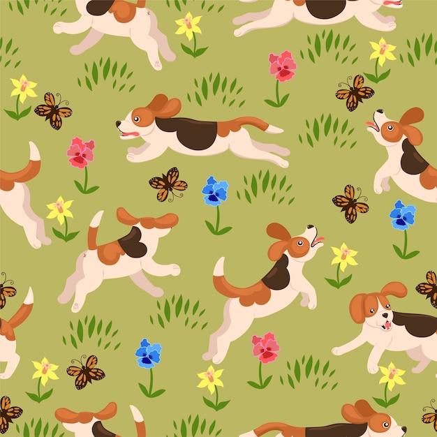 Beagle dogs run on flower meadow seamless pattern. Vector graphics.