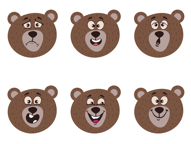 Bear animal muzzle face different emotions face isolated collections set. Vector graphic design