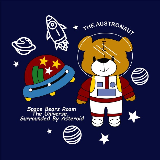 Vector bear becomes an astronaut flying into spacedesign cartoon illustration