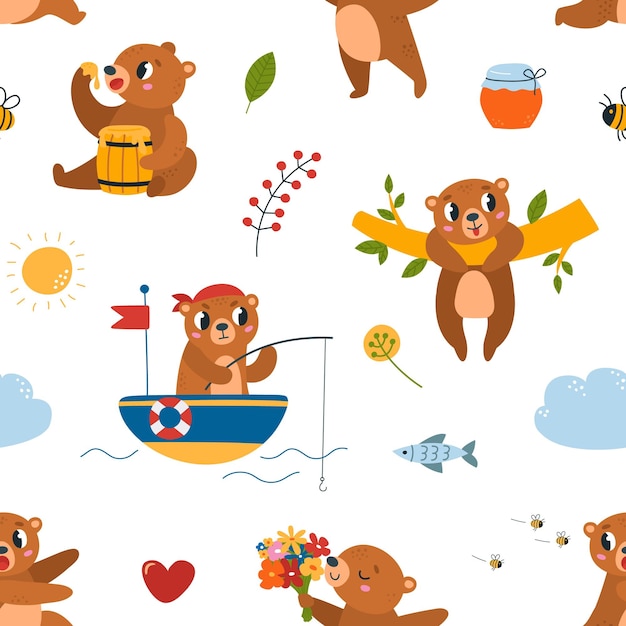 Bear brown seamless pattern Cartoon bears fishing and dreaming clouds and sun Cute nursery textile print fabric woodland classy vector design