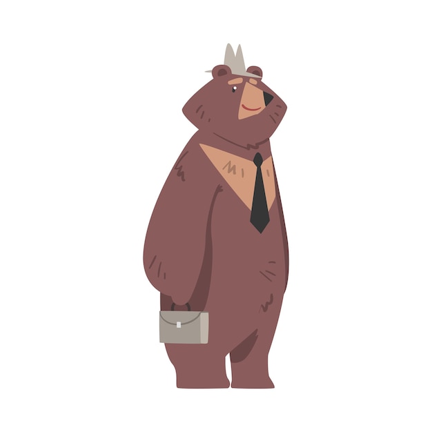 Vector bear businessman standing with briefcase humanized brown animal character wearing tie and hat cartoon vector illustration