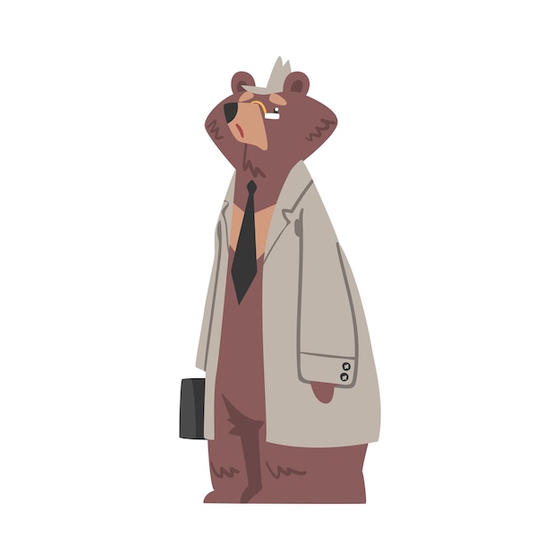 Vector bear businessman with briefcase humanized brown animal character wearing coat and hat cartoon vector illustration