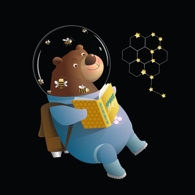 Bear Cosmonaut Reading Book on Black Background