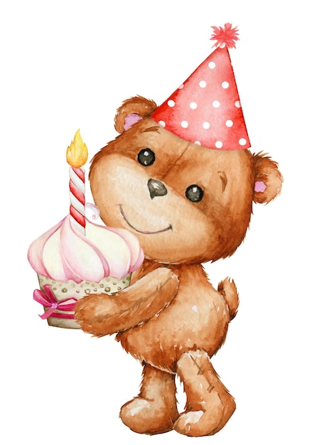 A bear cub in a red cap holding a cake Watercolor clipart in cartoon style on an isolated background