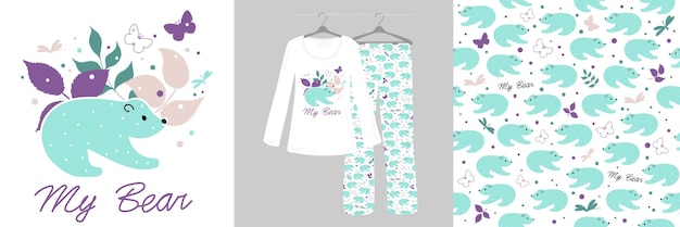 Bear doodle cartoon animals on a white background Seamless pattern for children Childrens Pajamas