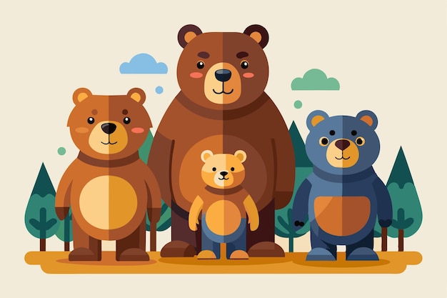 Vector a bear family of four stands together among trees under a clear sky showcasing their unique features and playful expressions