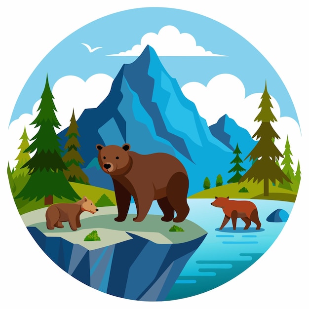 Bear Family in a Mountainous Forest Landscape