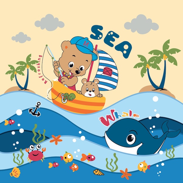 bear fishing in the sea with boat vector cartoon