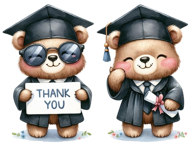 bear graduation gown holding a thank you sign clipart watercolor