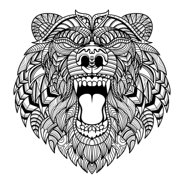 Bear head angry mandala zentangle coloring page illustration