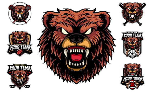 Bear Head Mascot Logo with logo set for team football, basketball, lacrosse, baseball, and etc.