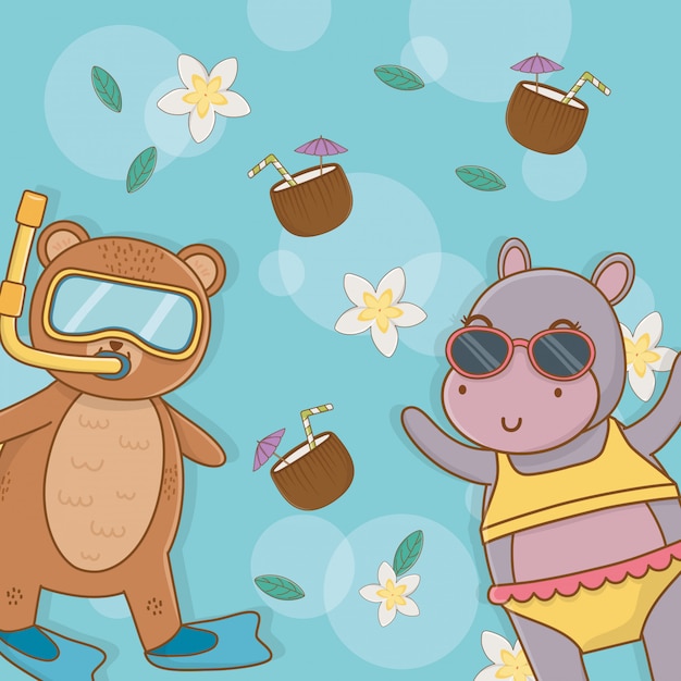 Bear and hippo cartoon in summer season 