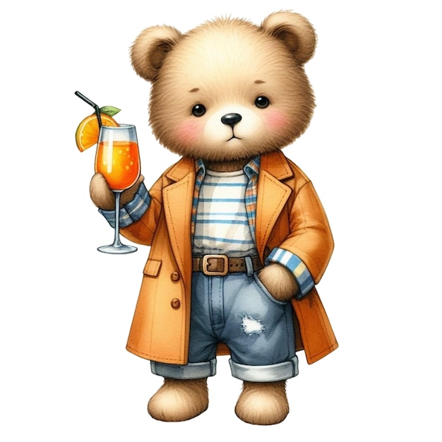 Bear holding a glass of orange juice clipart watercolor