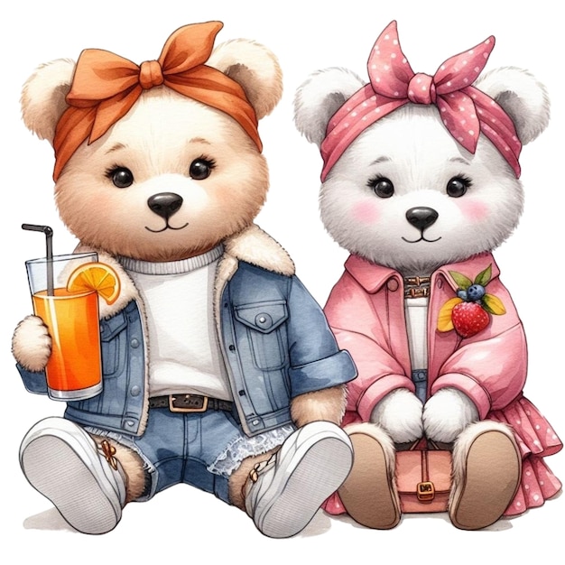 Bear holding a glass of orange juice clipart watercolor