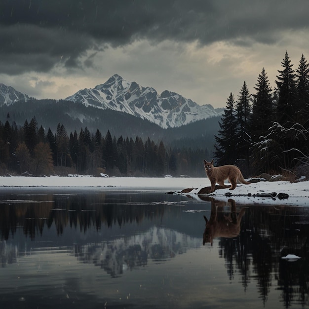 Vector a bear is standing in the snow and the mountains are reflected in the water