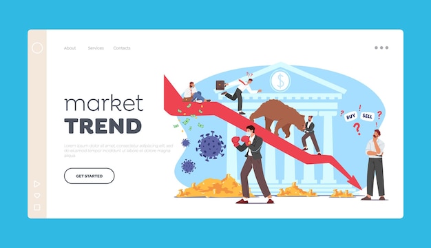 Bear Market Trend at Covid Pandemic Landing Page Template. Stock Panic Sell due to Epidemic. Business Characters Fighting with Pathogen Cells and Bear on Drop Arrow. Cartoon People Vector Illustration