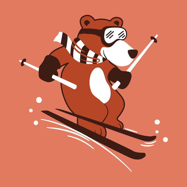 A bear on a pair of skis is wearing a scarf and scarf.