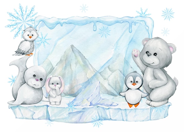 Bear penguin bunny seal owl glaciers snowdrifts snowflakes Cute polar animals and winter landscape Watercolor clipart in cartoon style