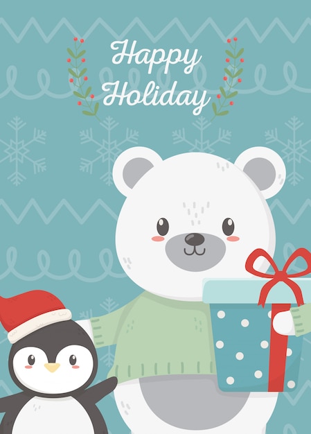 Bear and penguin celebration happy christmas card