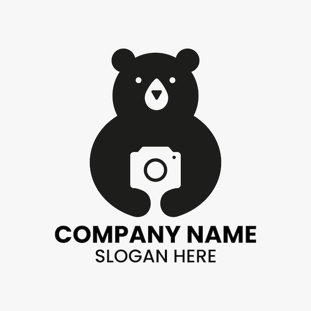 Bear Photographer Logo Negative Space Vector Template. Bear Camera Coffee Symbol