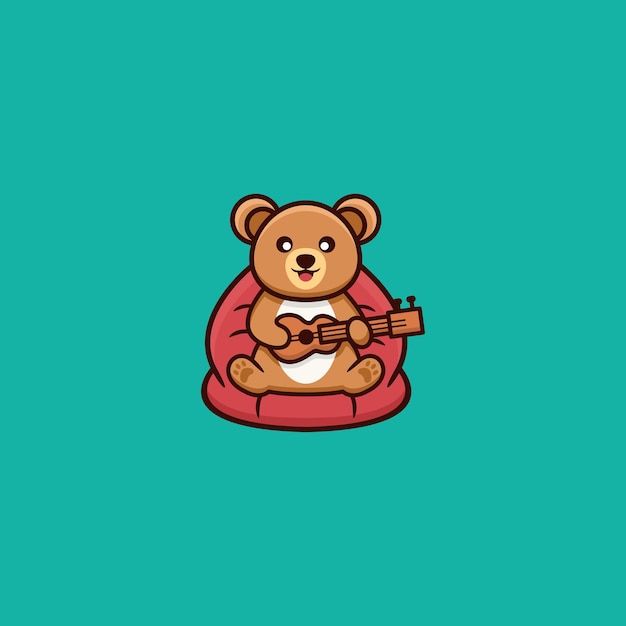 A bear playing a guitar on a blue background.