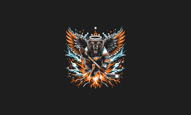 bear playing hockey with wings flames and lightning vector artwork design