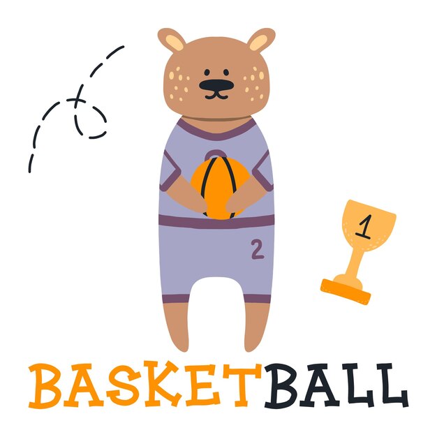 Vector the bear plays basketball let's play children's basketball game poster hand drawn vector illustration