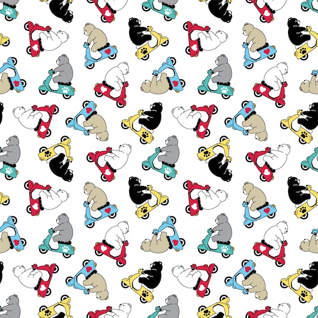 Bear polar seamless pattern riding scooter motocycle bike cartoon