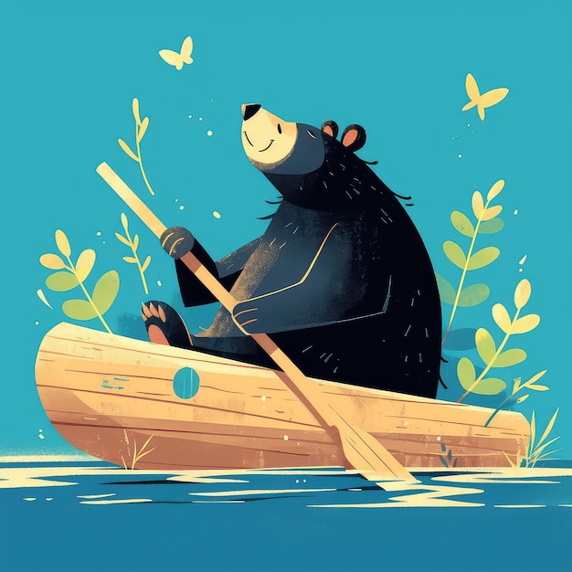 A bear on a raft cartoon style