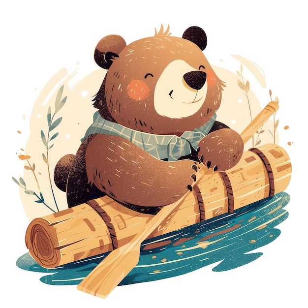 A bear on a raft cartoon style