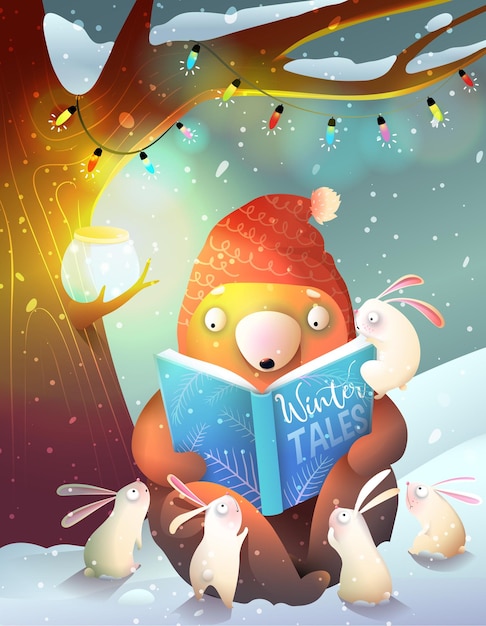 Bear Reading Book to Rabbits Winter Forest Night