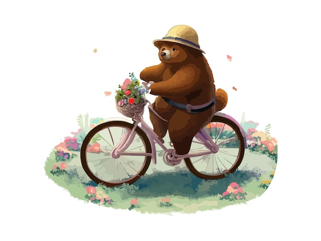 Bear riding a bike in floral countryside road isolated in white background