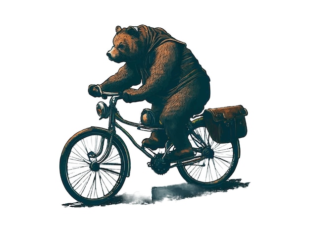 Bear riding a bike in floral countryside road isolated in white background