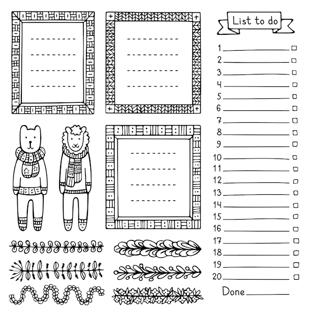 Bear sheep and set of hand drawn frames and dividers for bullet journal notebook diary