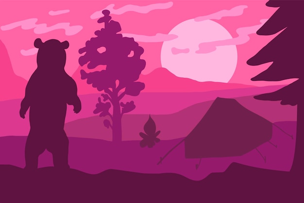 Bear silhouette in camp flat vector color illustration. Wildlife, nature minimalistic background