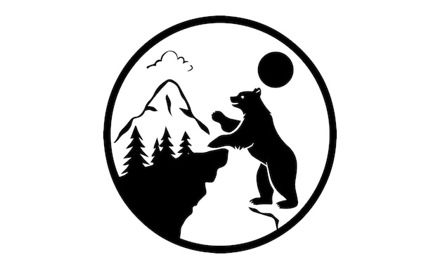 Bear silhouette at the edge of a mountain cliff with a full moon behind it