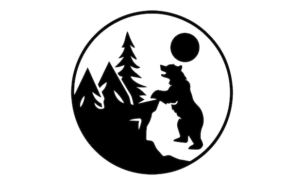 Bear silhouette at the edge of a mountain cliff with a full moon behind it