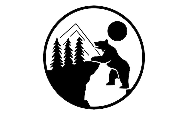 Bear silhouette at the edge of a mountain cliff with a full moon behind it