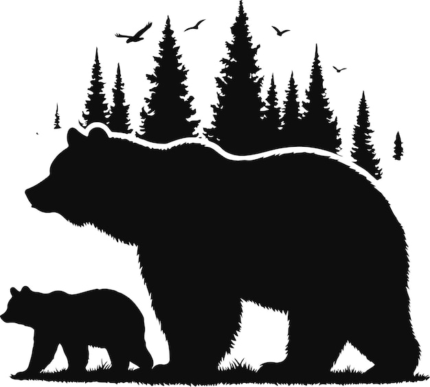 Bear Silhouette Vector Art Illustration On Solid White Background