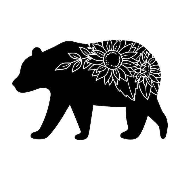 Bear silhouette with flowers Vector illustration  Isolated on white background