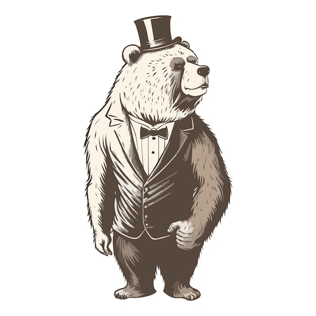 A bear in a suit and top hat stands with his hands in his pockets.