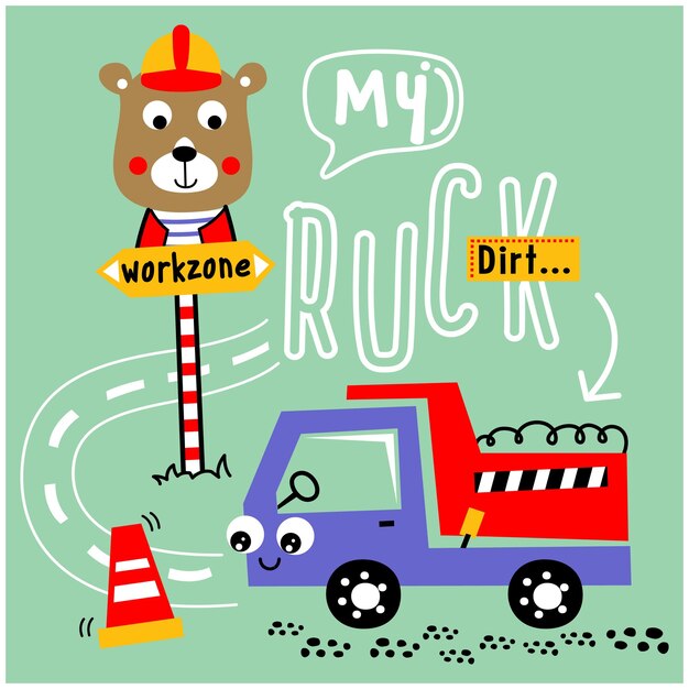 Vector bear and truck funny animal cartoon