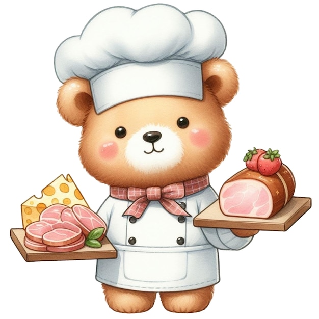 Bear wearing a chefs uniform holding cheese and ham clipart watercolor