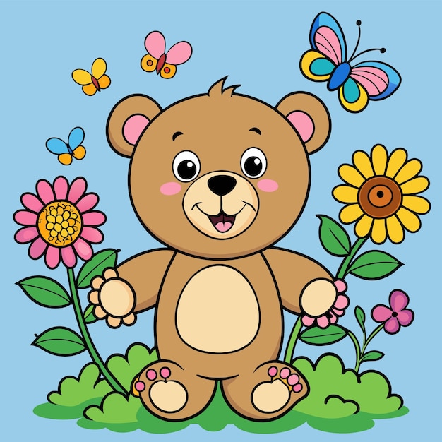 a bear with a butterfly on his chest is holding a flower