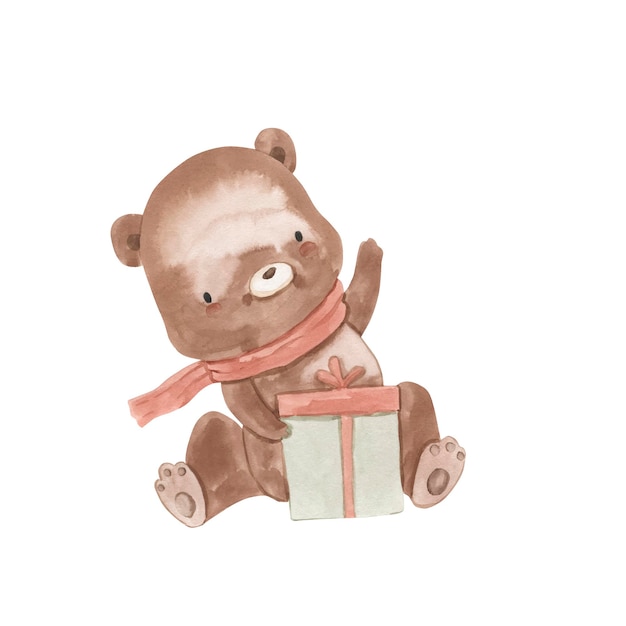 Bear with gift watercolor illustration for kids