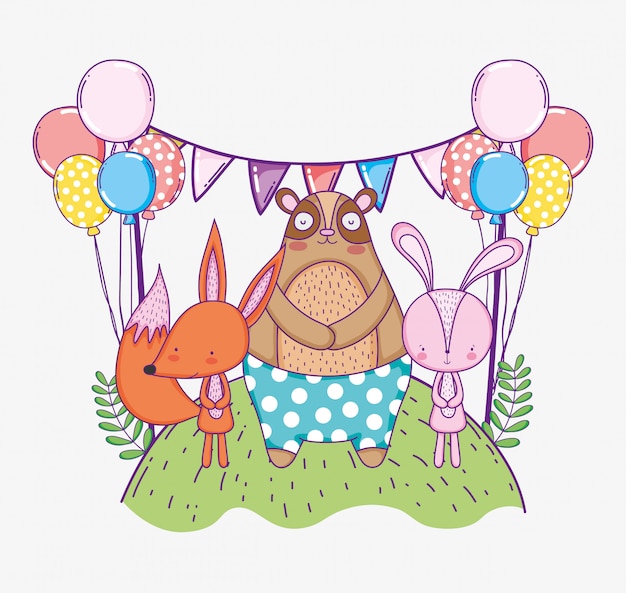 Bear with rabbit and fox celebrating happy birthday