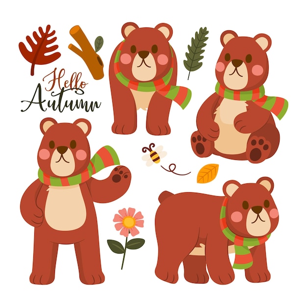 Bear with Scarf Character Autumn Animal Cartoon Set Design