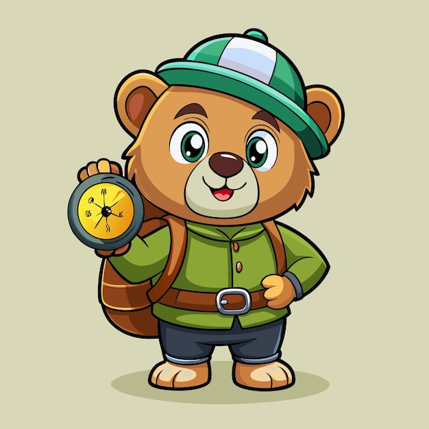 Bear with Smiling Face and Compass Cartoon Vector