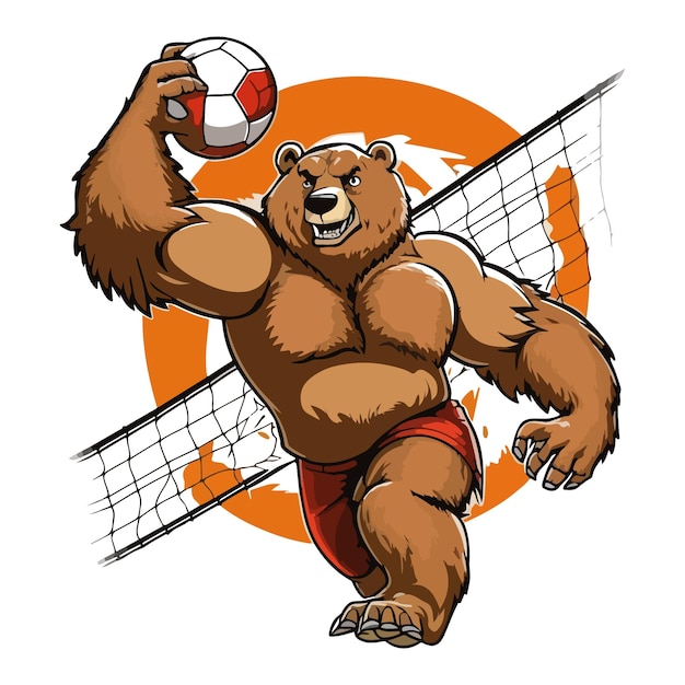 A bear with a volleyball ball in his hand