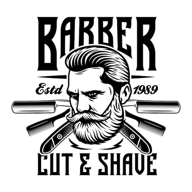 beard man barber emblem with razor blades and comb